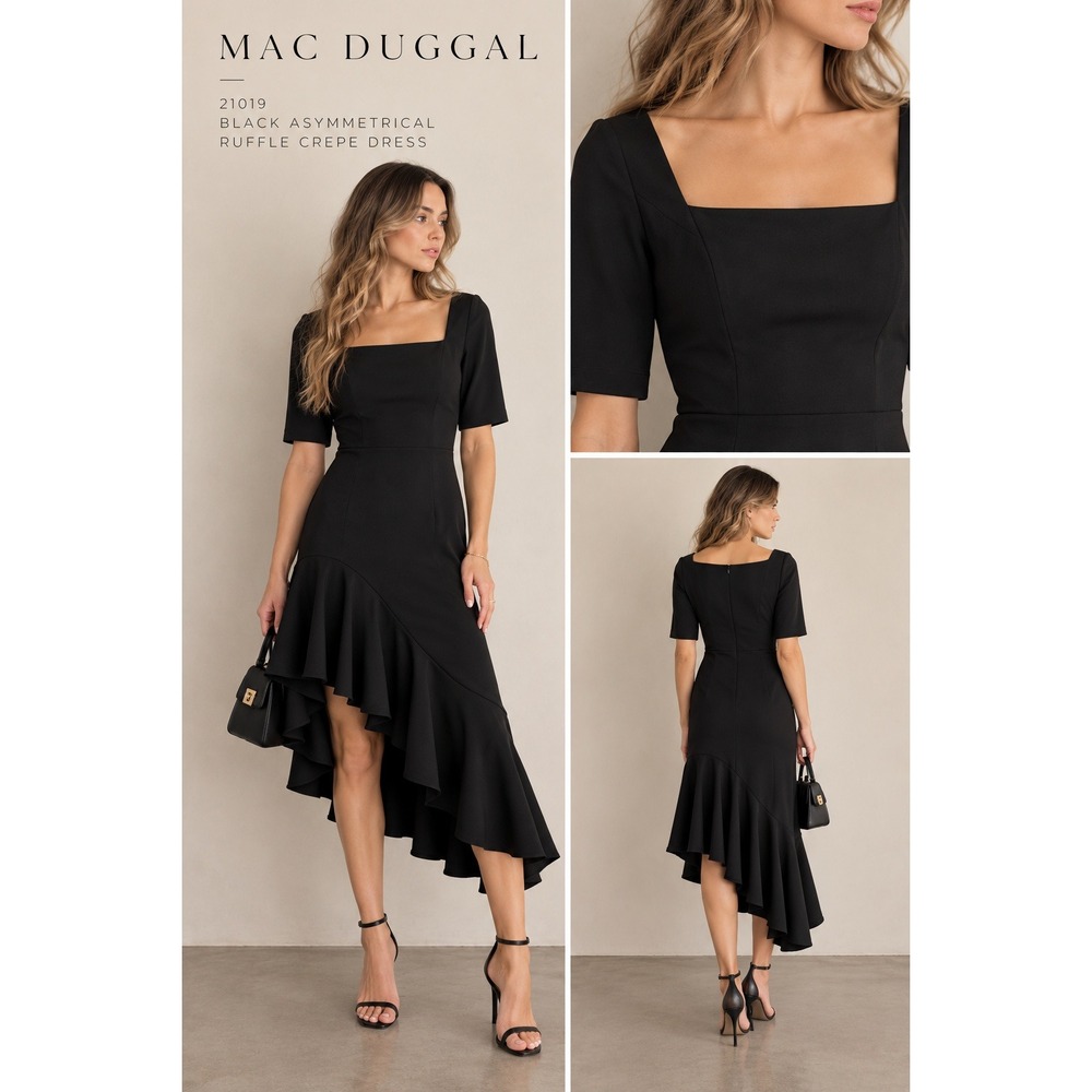 Mac Duggal Dress 8 Black Asymmetrical Ruffle Crepe Cocktail Wedding Guest